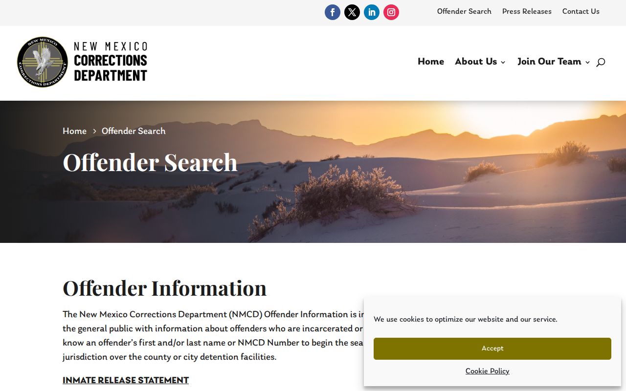 San Miguel County records route to New Mexico Corrections offender photo search