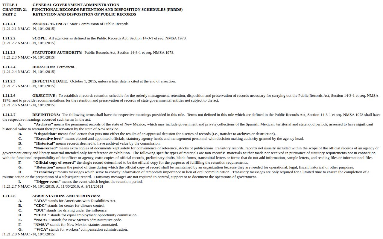 San Miguel County booking-record retention schedule from New Mexico records authority